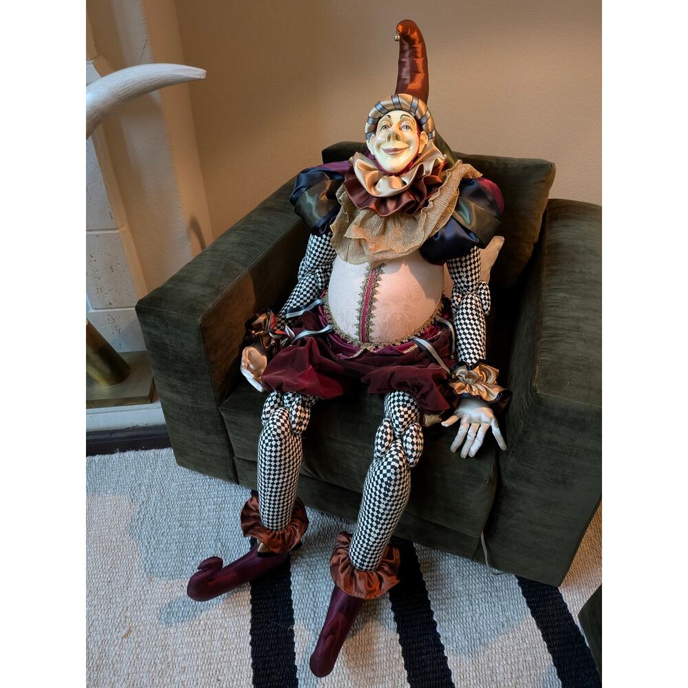 KATHERINE'S COLLECTION LIFE-SIZE 5 FT. JESTER, CHECKERBOARD, GOLD AND BURGUNDY